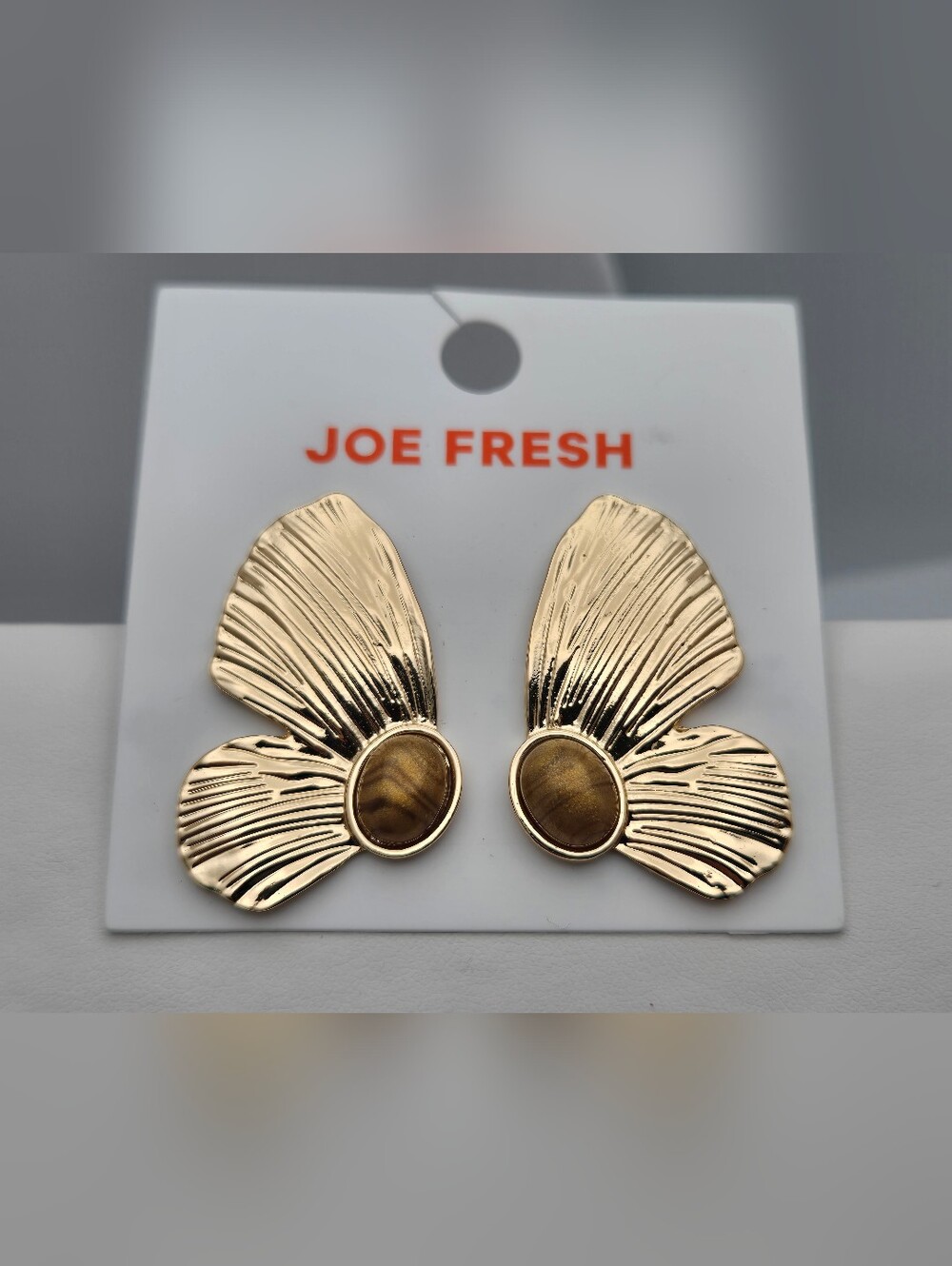 ✨2/$10✨Butterfly Gold Tone Earrings Textured Wings Brown Stone Drop 1.5” New